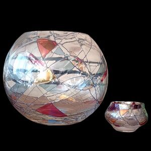 Vintage Pair PartyLite Calypso Mosaic Candle Holders Painted Glass Romania Mid C